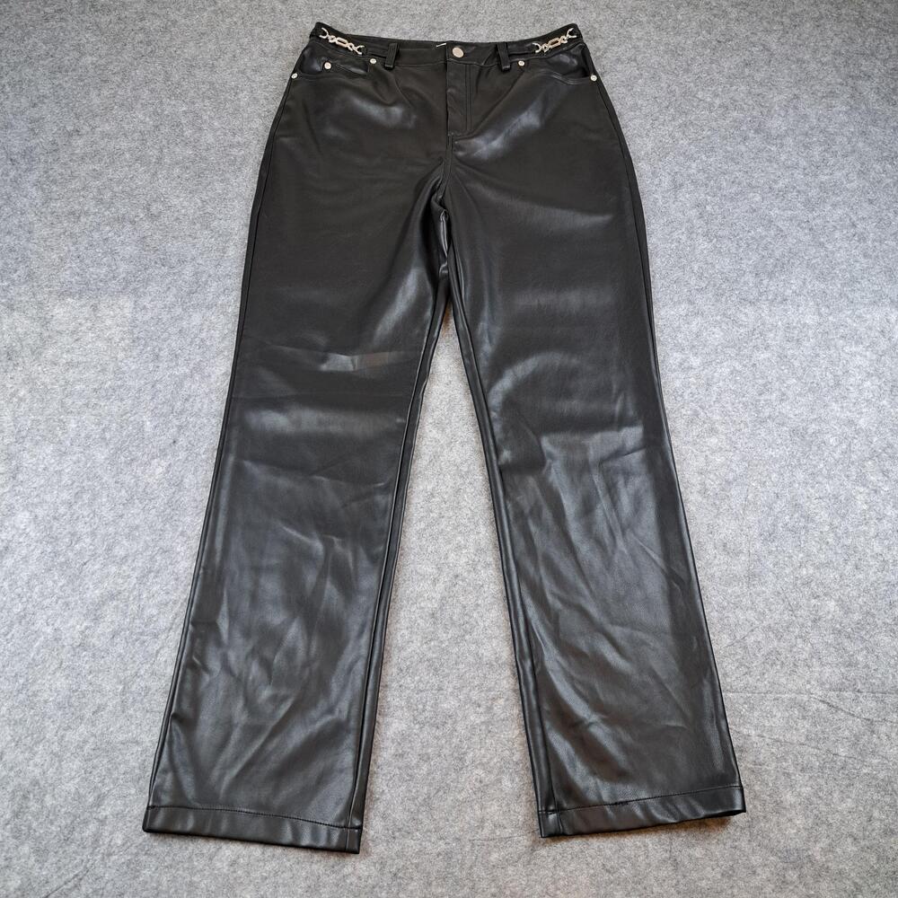 Avec Les Filles Pants Women 10 Black Faux Leather Straight Silver Chain Hardware